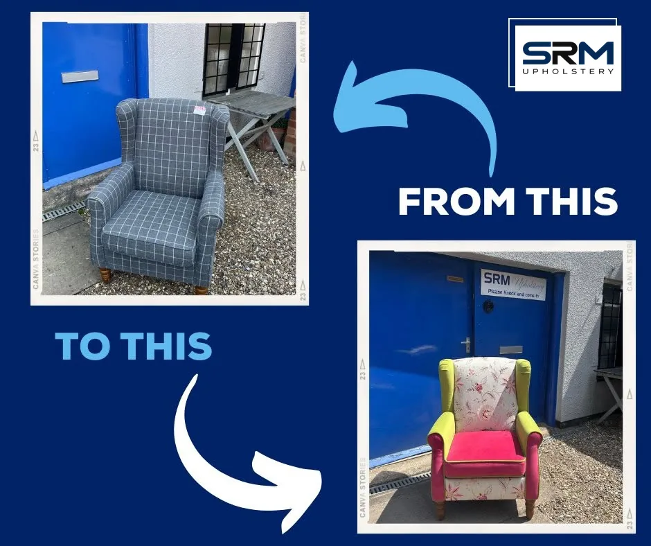 Grey checked wingback chair re-covered in bright floral and pink fabric, before and after