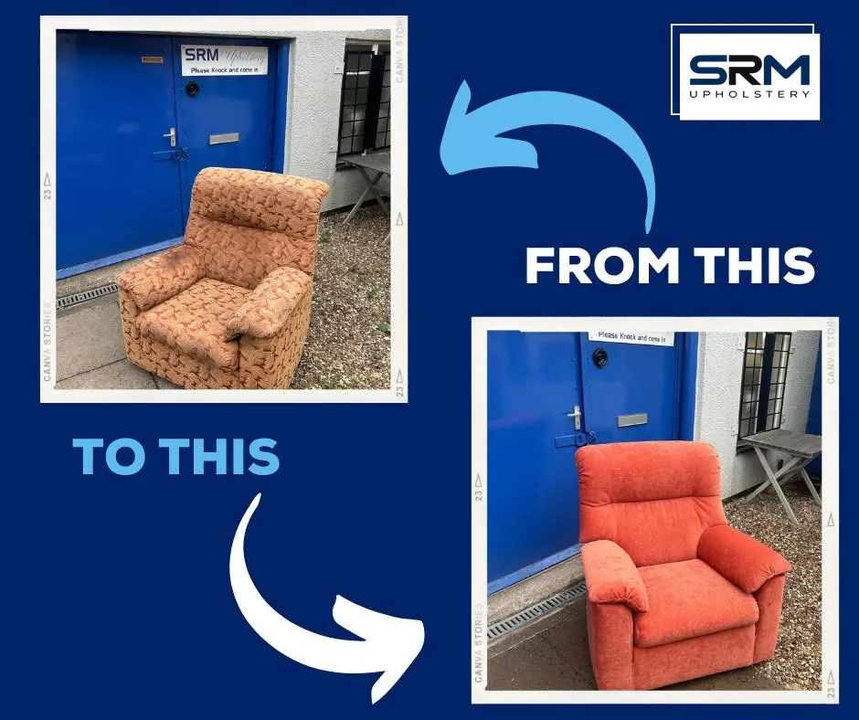 Patterned armchair re-covered in orange fabric, before and after