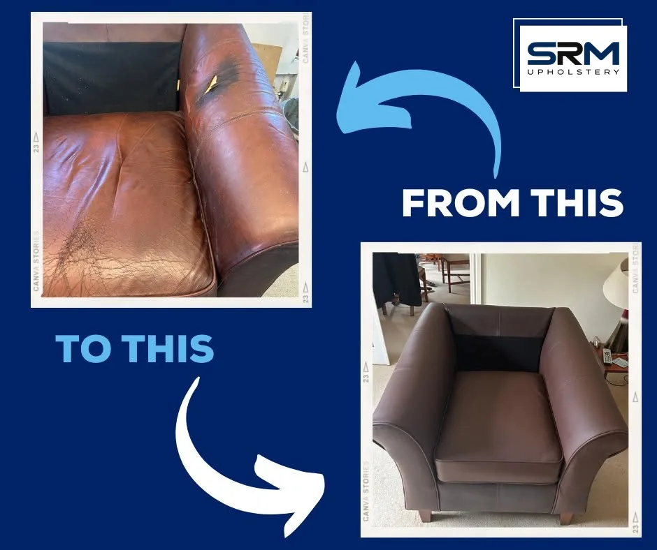 Worn brown leather armchair re-covered in dark brown leather, before and after